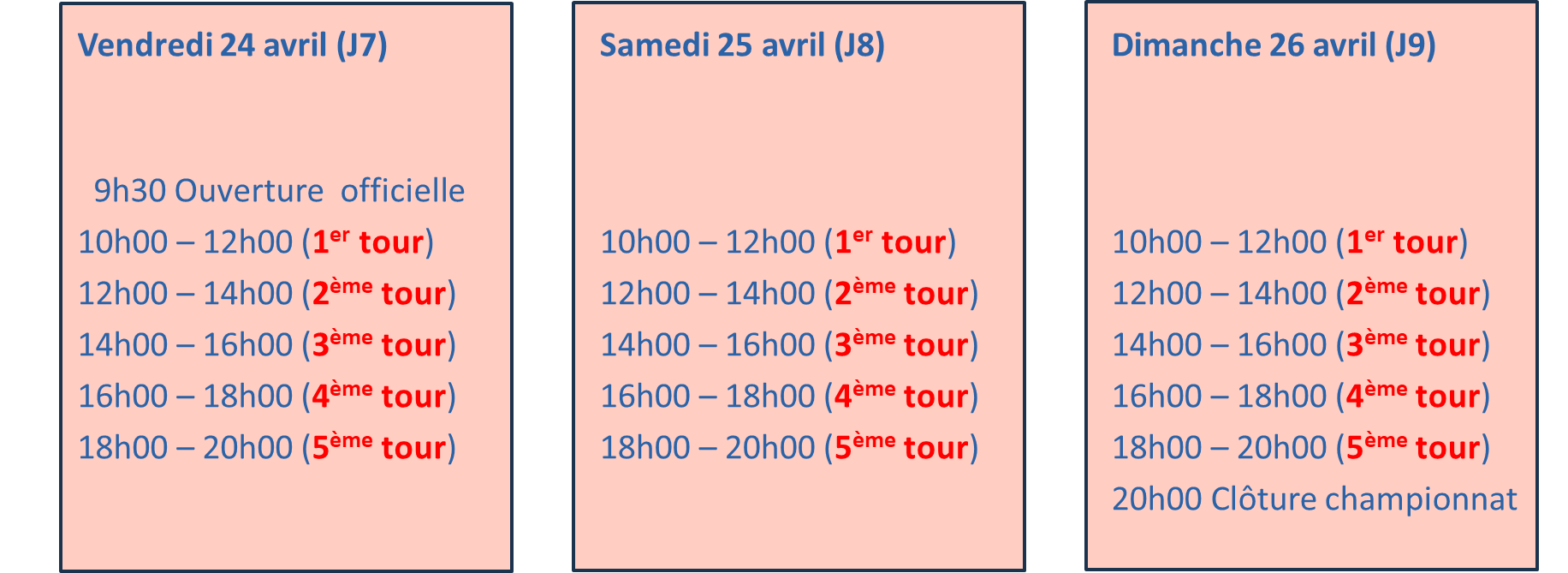 The image displays a schedule for a three-day sports tournament, starting on April 24th and ending on April 26th, with events from 9:30 AM to 8:00 PM, including various rounds and a championship finale.
Le contenu généré par l’IA peut être incorrect.